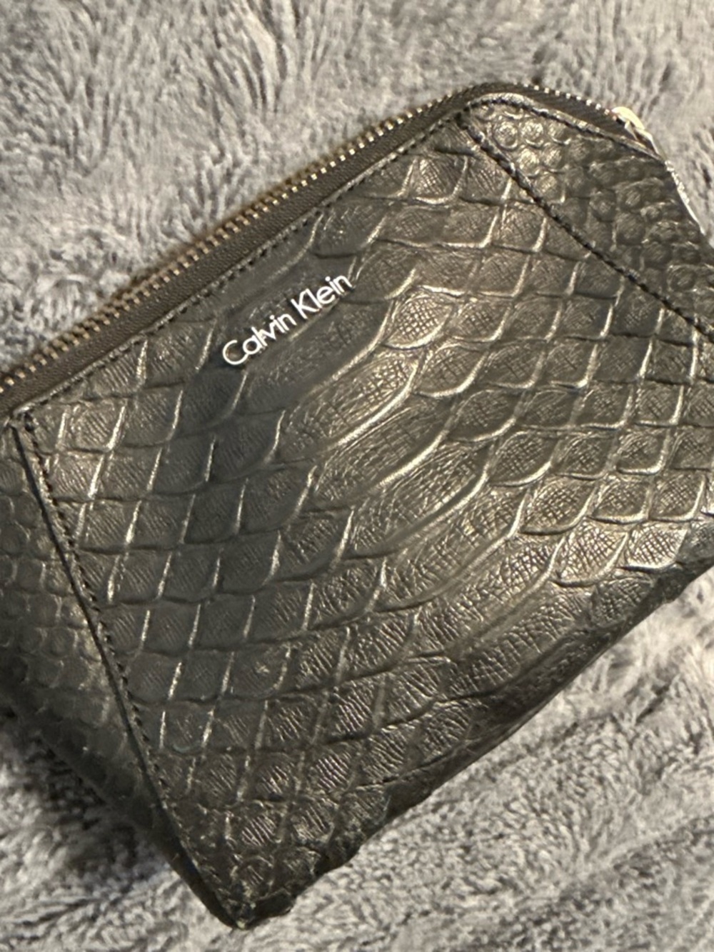Calvin Klein Black Faux-Snakeskin Cosmetic Pouch with Silver Logo